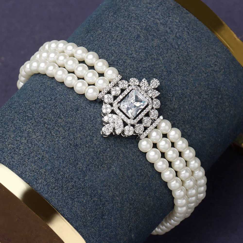 Gorgeous 5 Layered Imitation Pearl Choker with Pendant Necklaces Zircon 4PCS Jewelry Set for Women Wedding Z250607