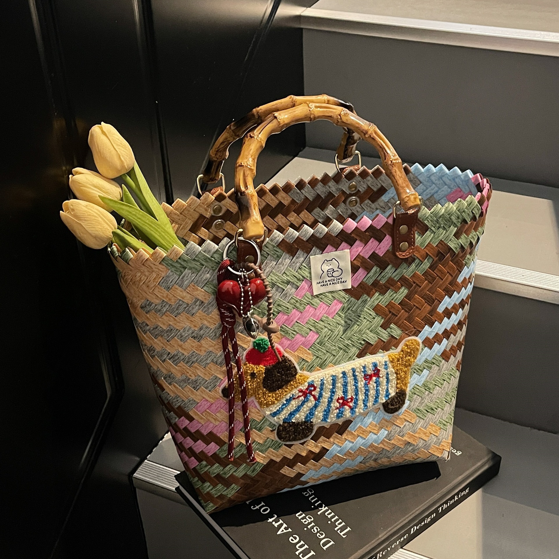 designer Vintage Striped Dachshund Handwoven Basket Tote Bag for Women Large Capacity Commuter Bag Handheld Bucke