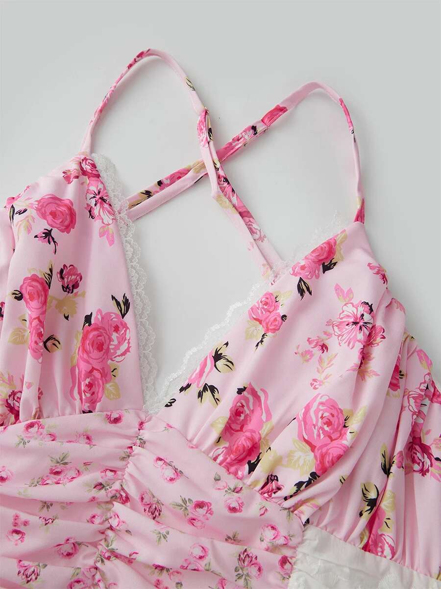 Elegant Boho Chic Maxi Dress with Floral Print and Delicate Lace Details Sleeveless V-neck A-line Dress for Summer Wedding or