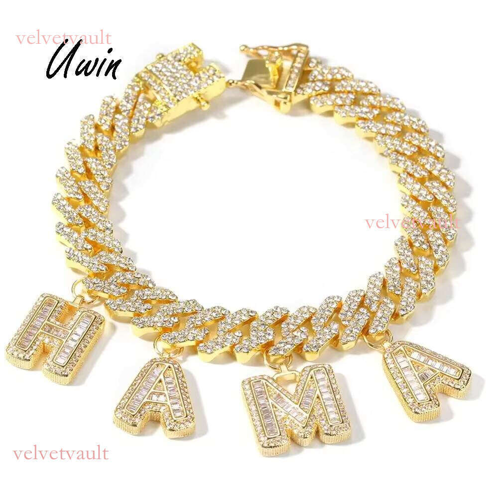 DIY Baguette Letter 12mm Cuban Chain Bracelet Personalized Initial Name Necklace Hip Hop Jewelry