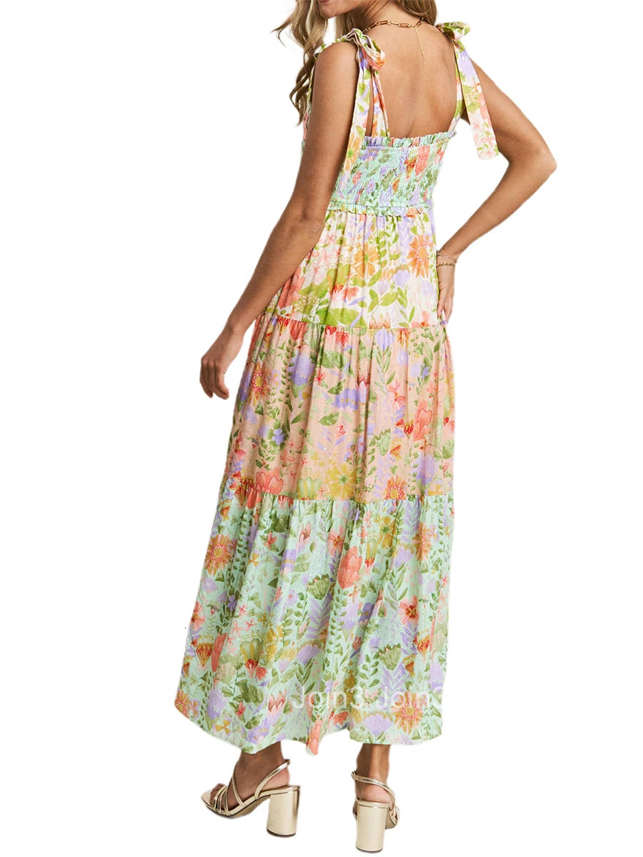 Womens Boho Floral Print Sleeveless Dress with Tie-up Straps and Backless Design Perfect for Summer Beach Parties and