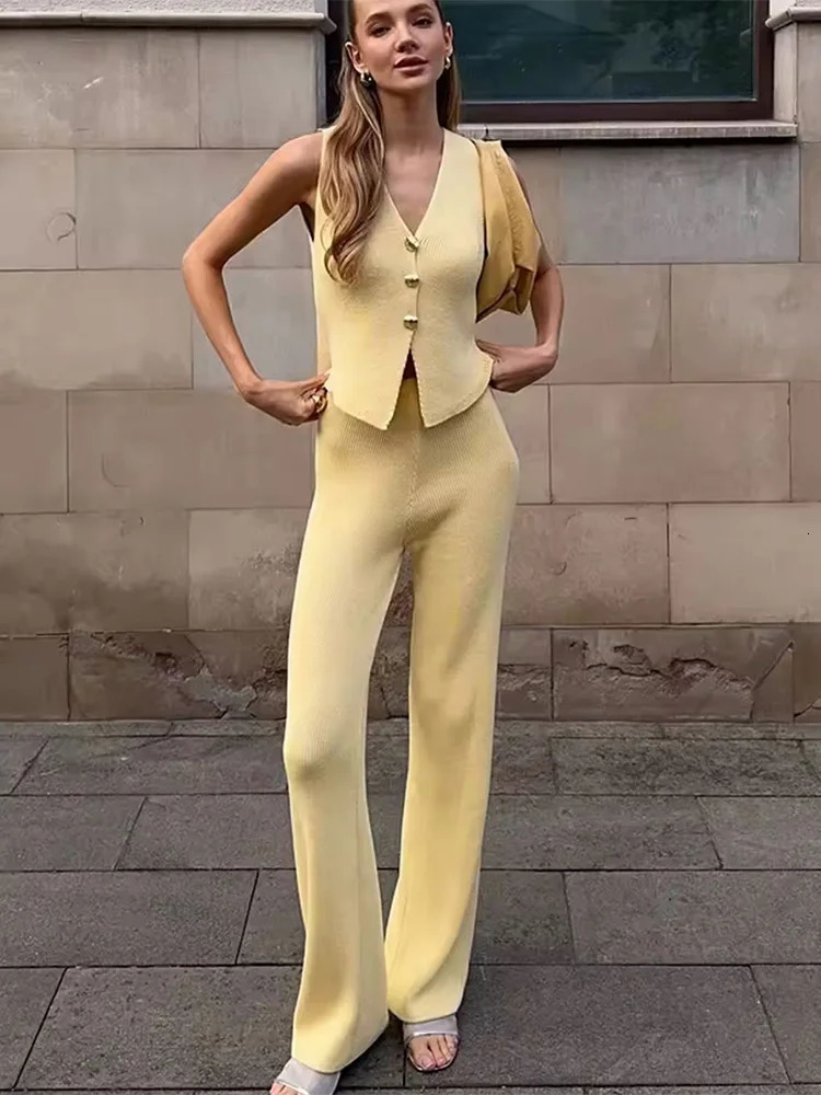 Trendix Knit Pant Sets Women V Neck Sleeveless Tank Tops Vacation Casual 2PCS Solid High Waist Elegant Pant Knitwear Vest Sets 250605