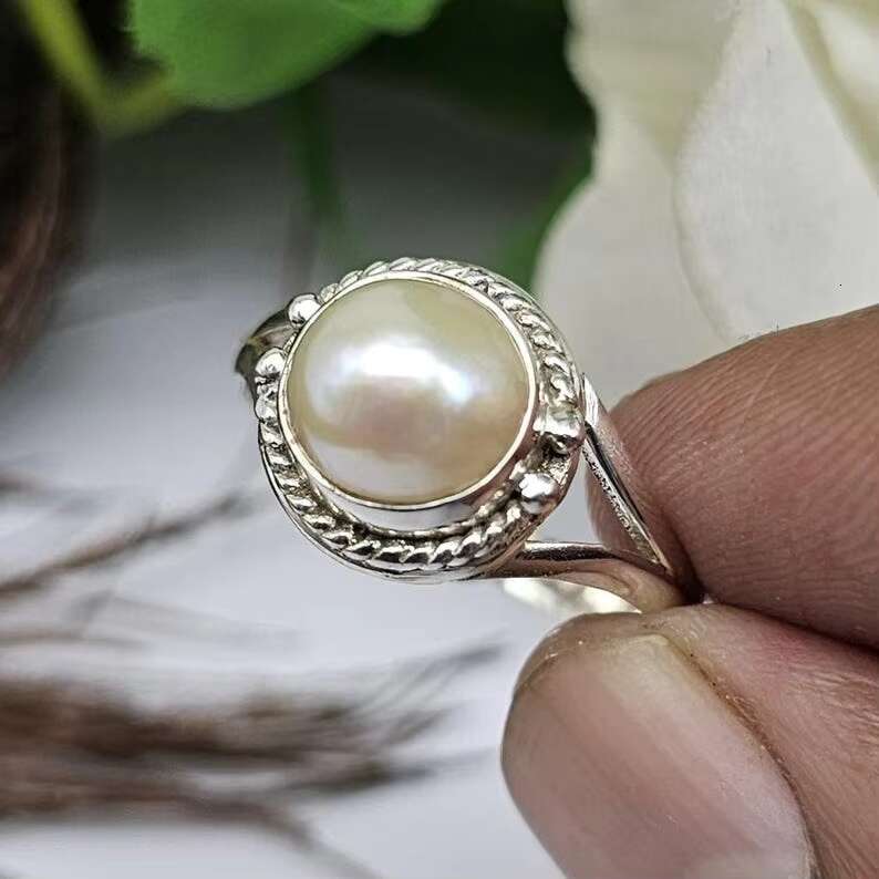 Natural Freshwater Pearl Ring 925 Sterling Silver Ring White Pearl Statement Boho Ring Handmade Pearl Round
