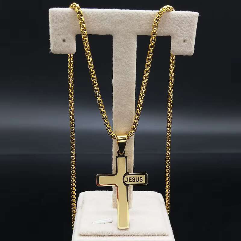 Fashion Simple Stainless Steel Cross Necklace 18K Gold Plated Chains Cross Jesus Pendants Necklaces Mens Women