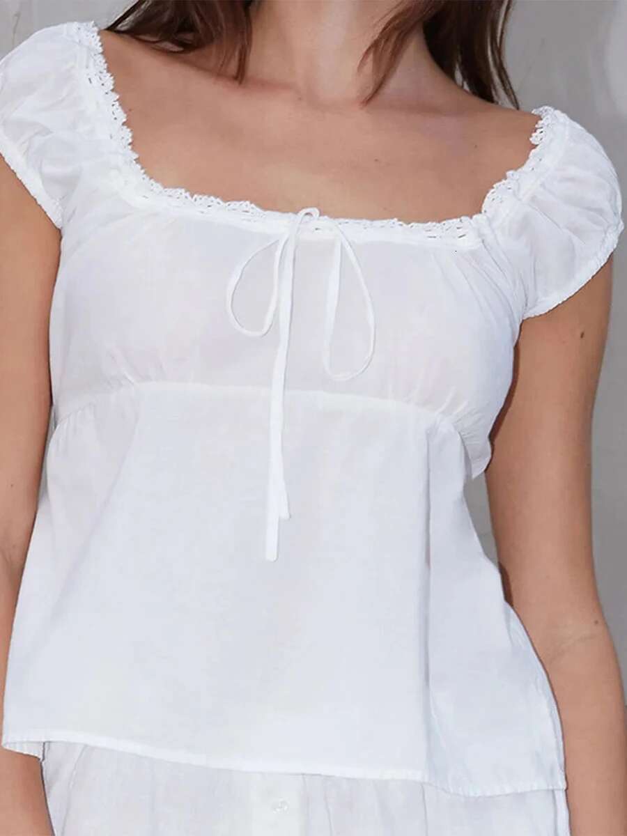 Elegant Lace Trim Square Neck Blouse with Cap Sleeves and Tie Front Bow Detail Perfect for Summer Outfits