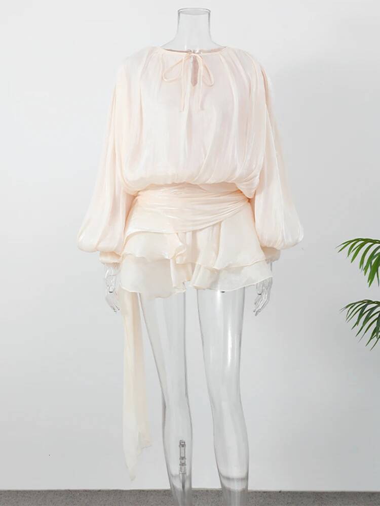 Fashion Women's Ruffles Short Dress Elegant Round Neck Lace Up Lantern Long Sleeve Mini Vestido Chic Female 2025 Solid Dresses