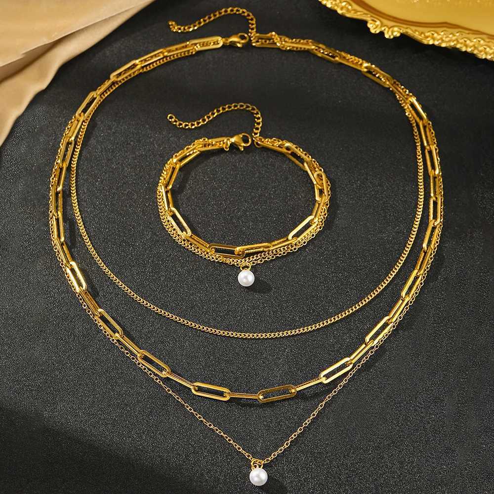 Stainless Steel Jewelry Set Elegant Delicate Pearl Pendant Jewelry Set Luxury Multi-Layer Chain Jewelry Set For Women Jewelry Z250607
