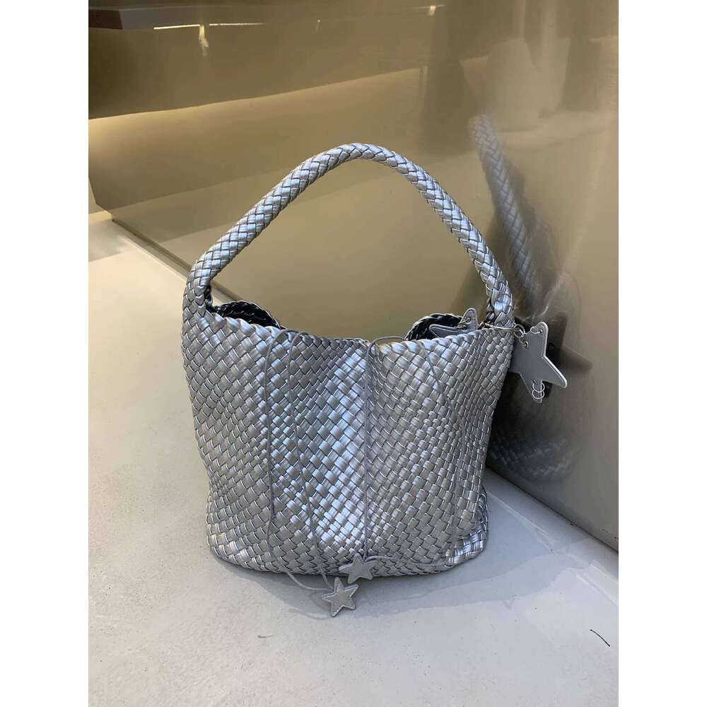 Gun Same Style Champagne Color Woven Handheld Large Capacity Bucket Underarm Shoulder Handbag Tote Bag