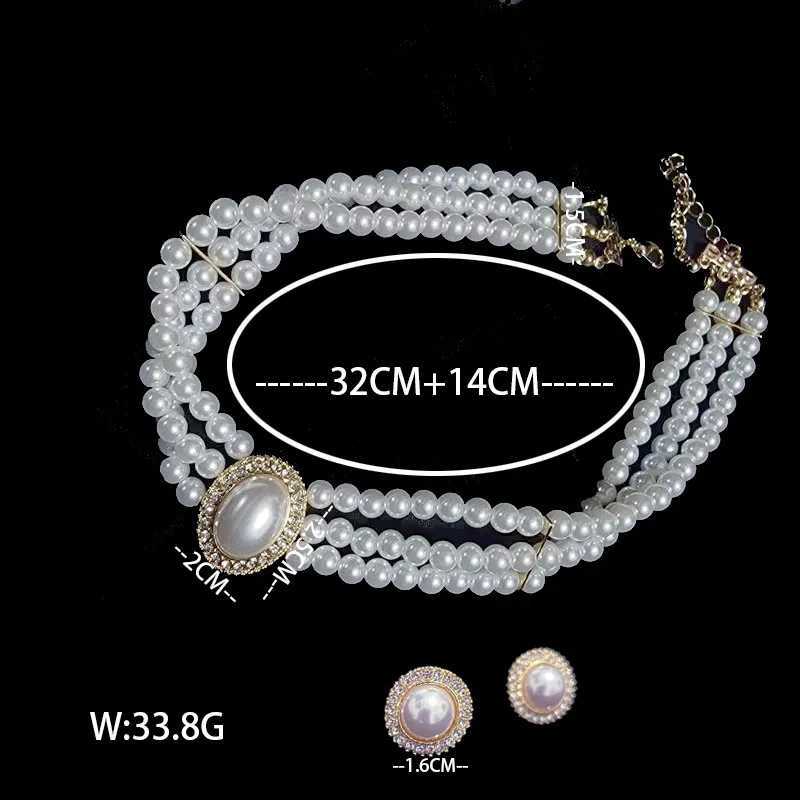 KMVEXO Vintage Palace Multilayer Pearl Choker Necklace Earrings Sets for Women Oval Crystal Rhinestone Wedding Bride Jewelry Set Z250607