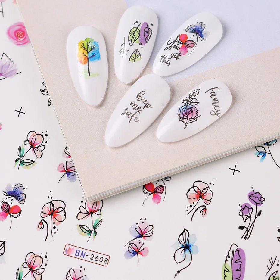 12 PCs Ink Flowers Nail Art Sticker Summer Water Decal Blooming Leaves Graffiti Slider Decoration Foils Tattoo 250605