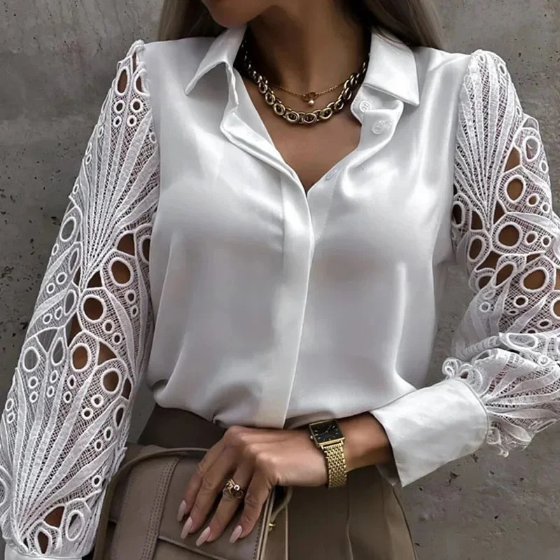 White Sexy Lace Hollow out Women Blouse Autumn Spring Black Top Vintage Button Up Shirts Long Sleeve Tops 250708