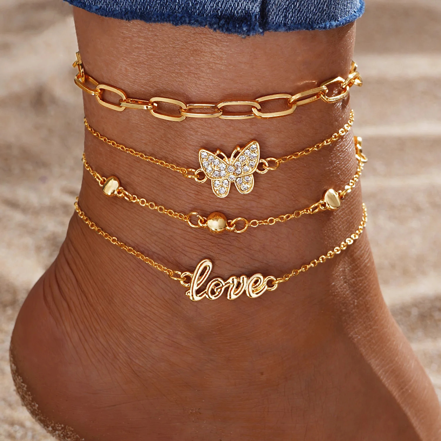 Gold Color Vintage Butterfly Anklet Set For Women Multilayers Adjustable Love Anklet Bracelet On Leg Foot Beach Jewelry 250606