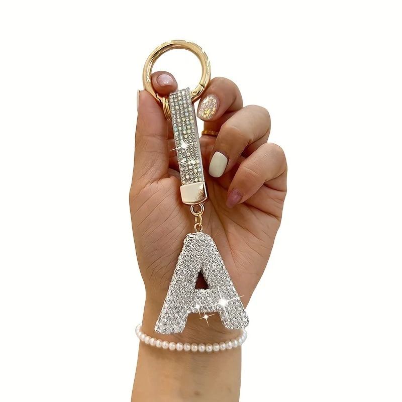 1pc Sparkling Rhinestone Alphabet Keychain Alloy Round Letter Charm with Ring Buckle Decorative Crystal Pendant Accessory 250605