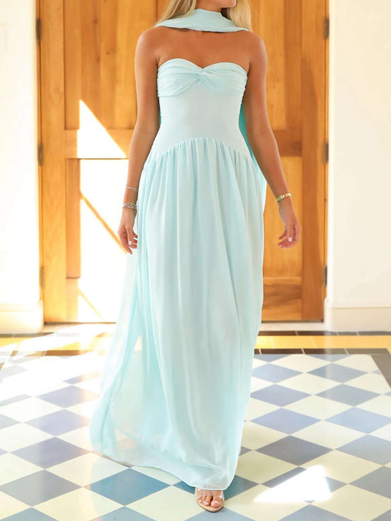 Elegant Maxi Dress with Off-shoulder Design and Matching Belt for Womens Summer Fashion Statement