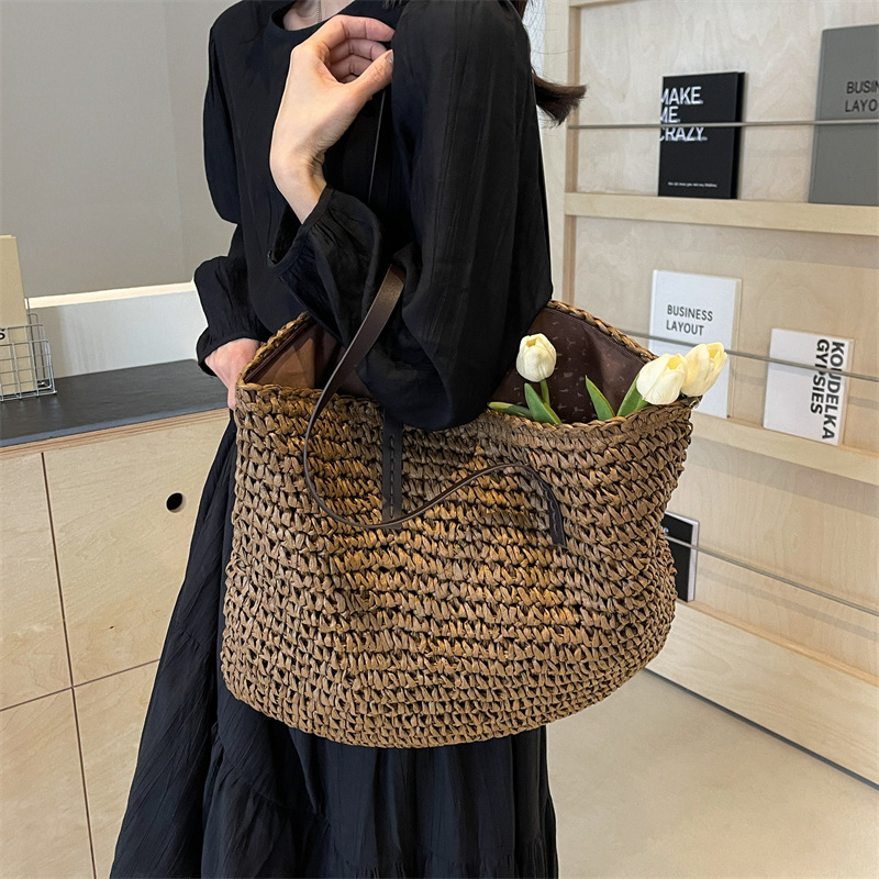 designer Straw Bag 2025 Summer New Trendy Fashion Single Shoulder Large Bag Textured Beach Vacation Large Capacity Woven Tot