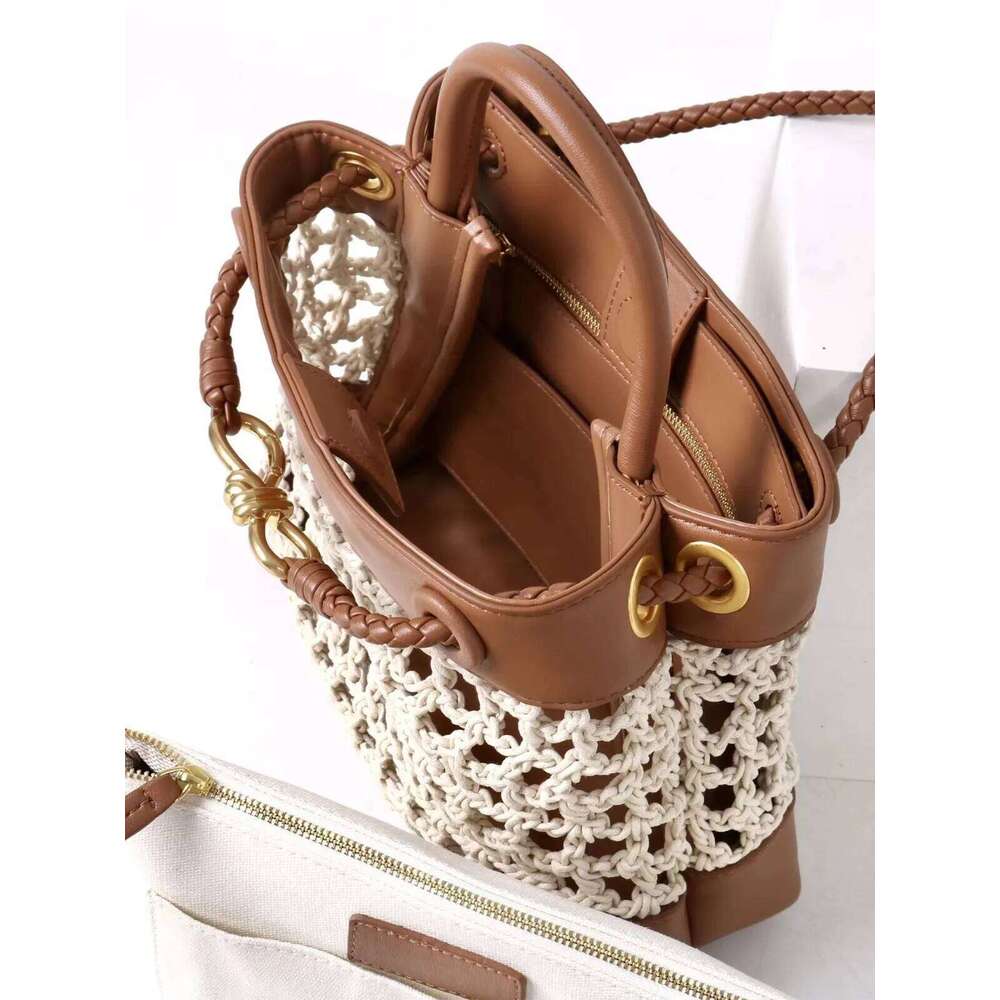 Hot Selling Custom Letters Free Gold Stamping New Genuine Leather Splicing Handmade Cotton Rope Weaving Women's Hand-Bull Tote Bag Designer Bags