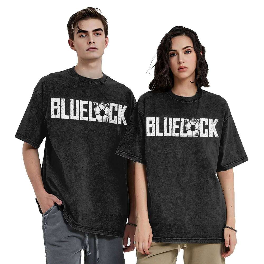 Blue Lock Washed T Shirt Streetwear Hip Hop Vintage T-Shirts Tees Tops Men Women Short Sleeve High Street Graphic Printed