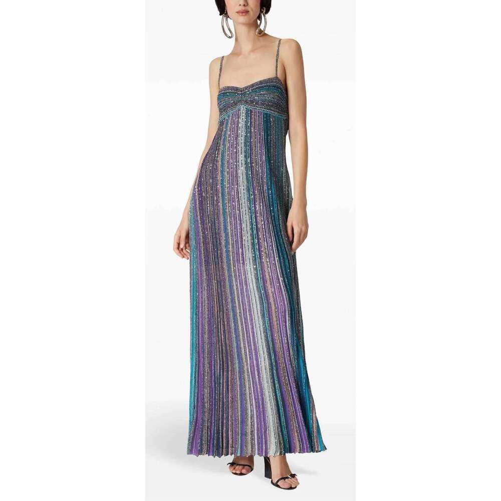 Women Sexy Strapless Metallic Sequined Multicolor Striped Maxi Long Knit Sling Dress