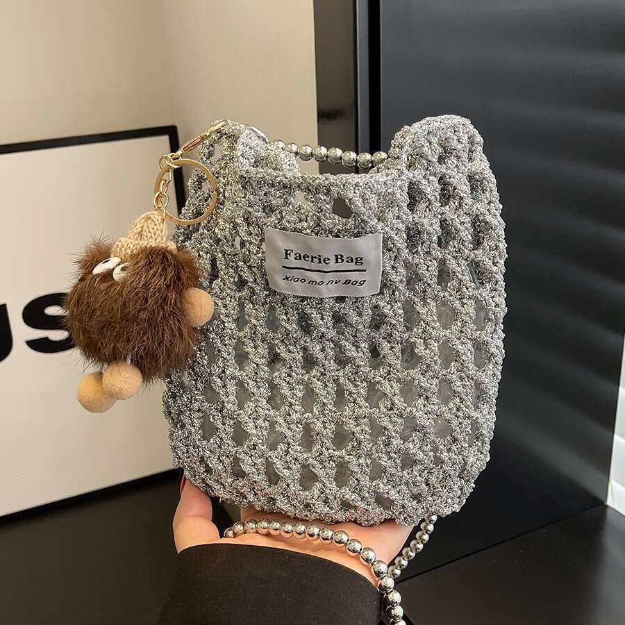 (Finished Product) Handmade Crochet Silver Thread Shoulder Phone Bag Crossbody Women's Fashion Versatile