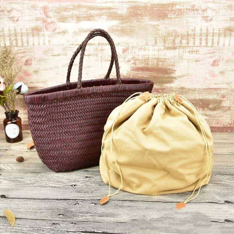 Women Weave Handbags Feminine Handmade Woven Bucket Bag With Cotton Inner Pockets Casual Knitting Leather Handle Bags