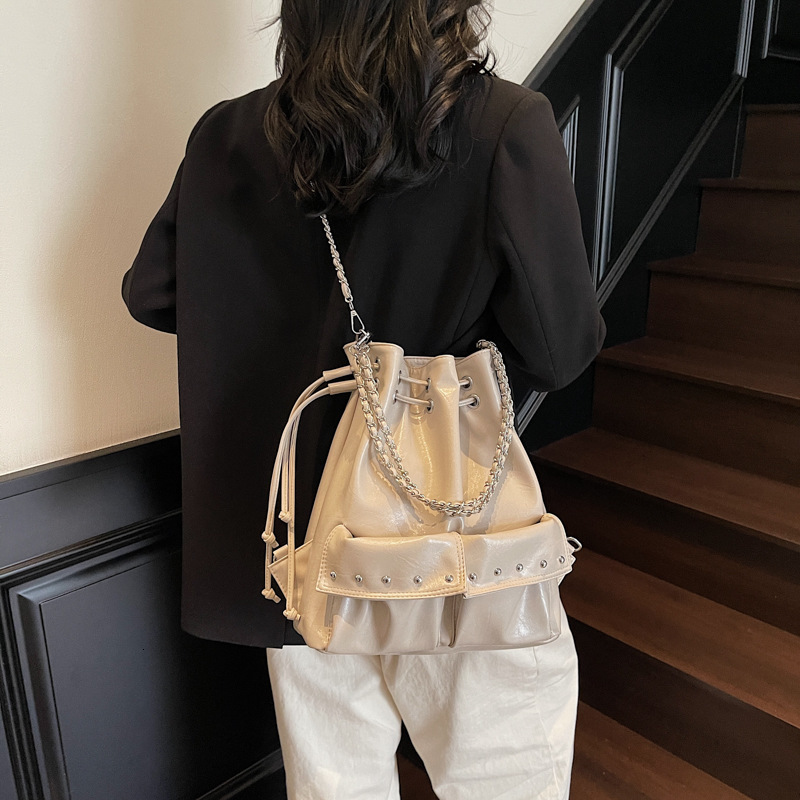 designer Korean Style Motorcycle Rivet Chain Tote Bag for Women, Multifunctional Backpack, Casual Versatile Commuter Large Capacity Shoulder Bag