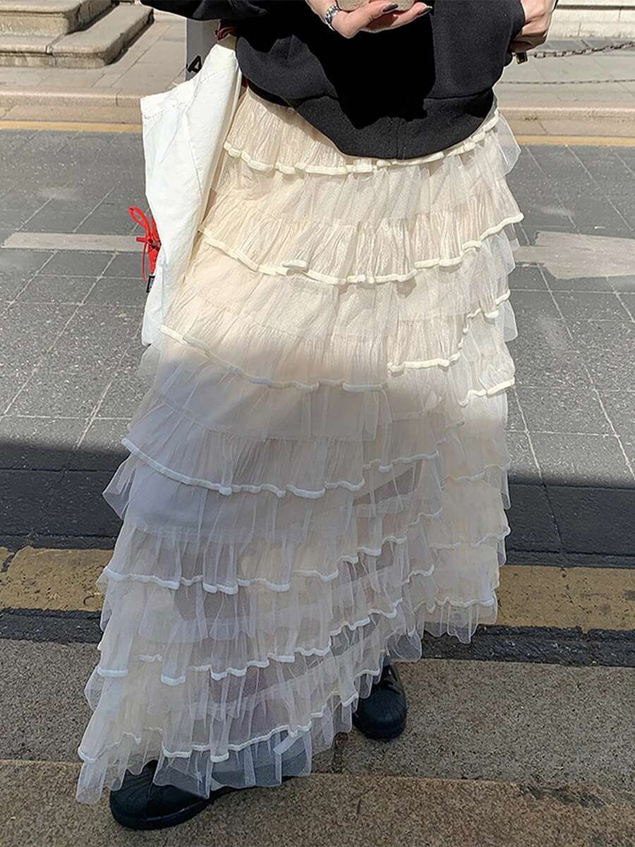 Elegant Womens High Waist Layered Ruffle Tulle Skirt in Solid Color Perfect for Daily Office Wear and Special Occasions