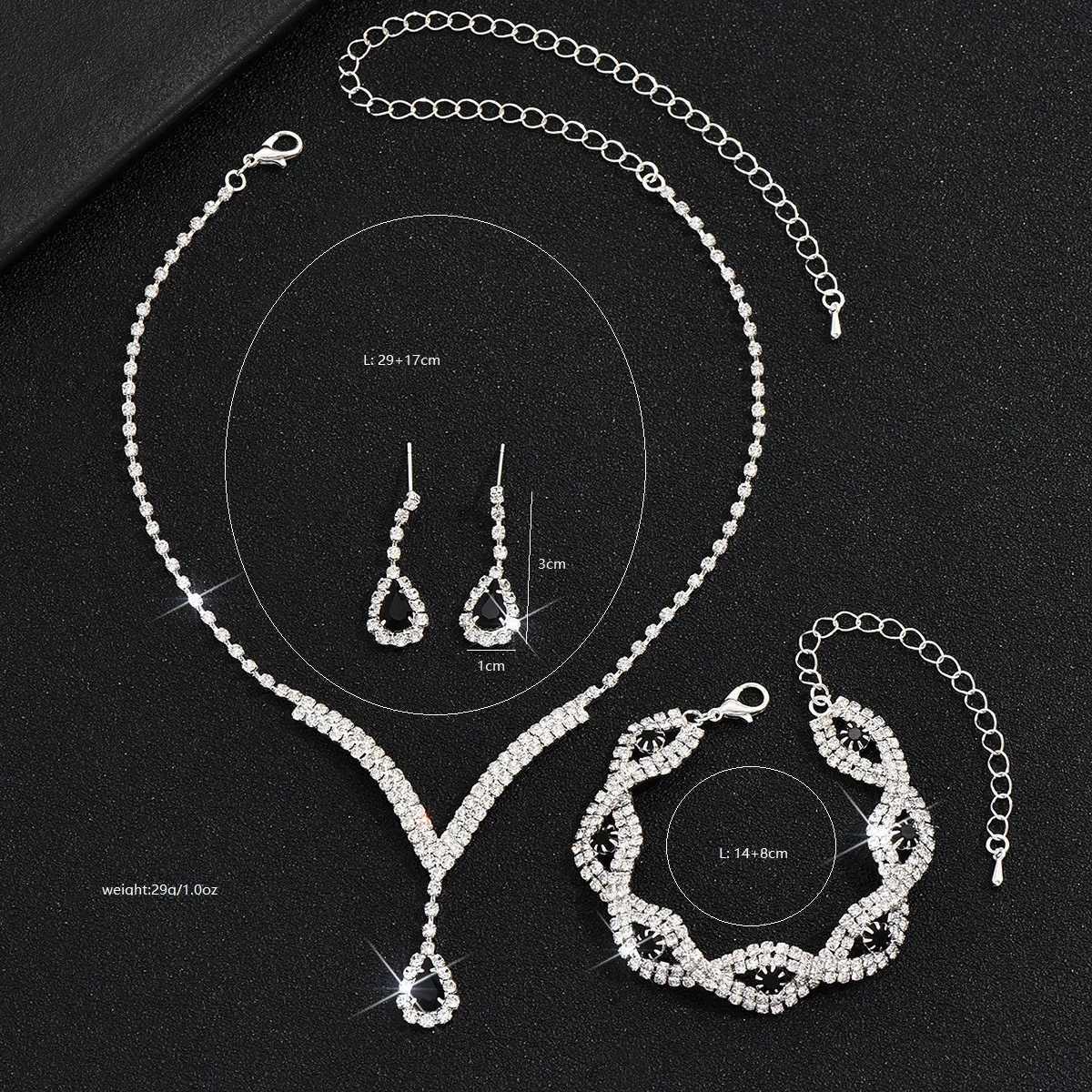 3 Pcs Luxury Rhinestone Bride Jewelry Set for Women Black Water Drop Crystal Earrings Wedding V Necklace Eye Fashion Z250607
