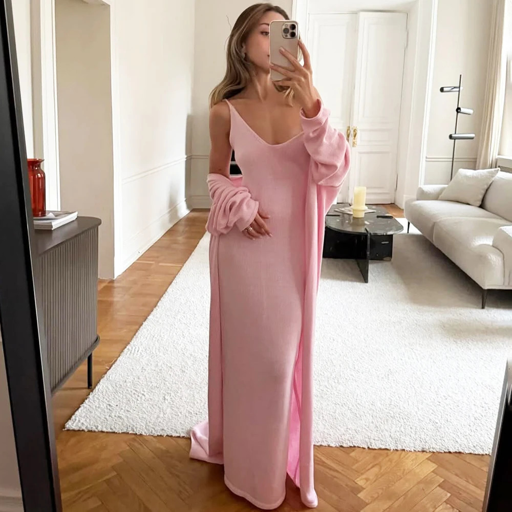 Tuularose Womens Long Dress 3 Piece Solid Knitted Camisole Dress Long Sleeve Cardigan Set Casual Fashion Womens Dress Sets 250605