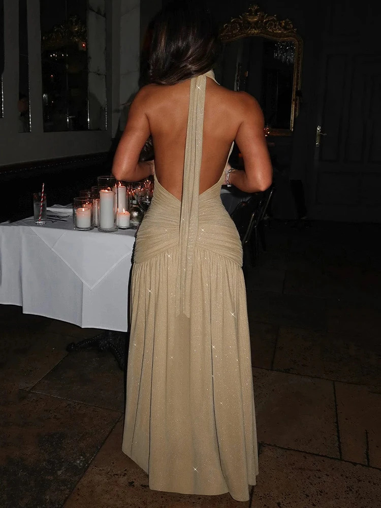 Mozision Glitter Deep V Neck Sexy Maxi Dress For Women 2025 Fashion Sparkle Halter Sleeveless Backless Split Club Long Dress 250605