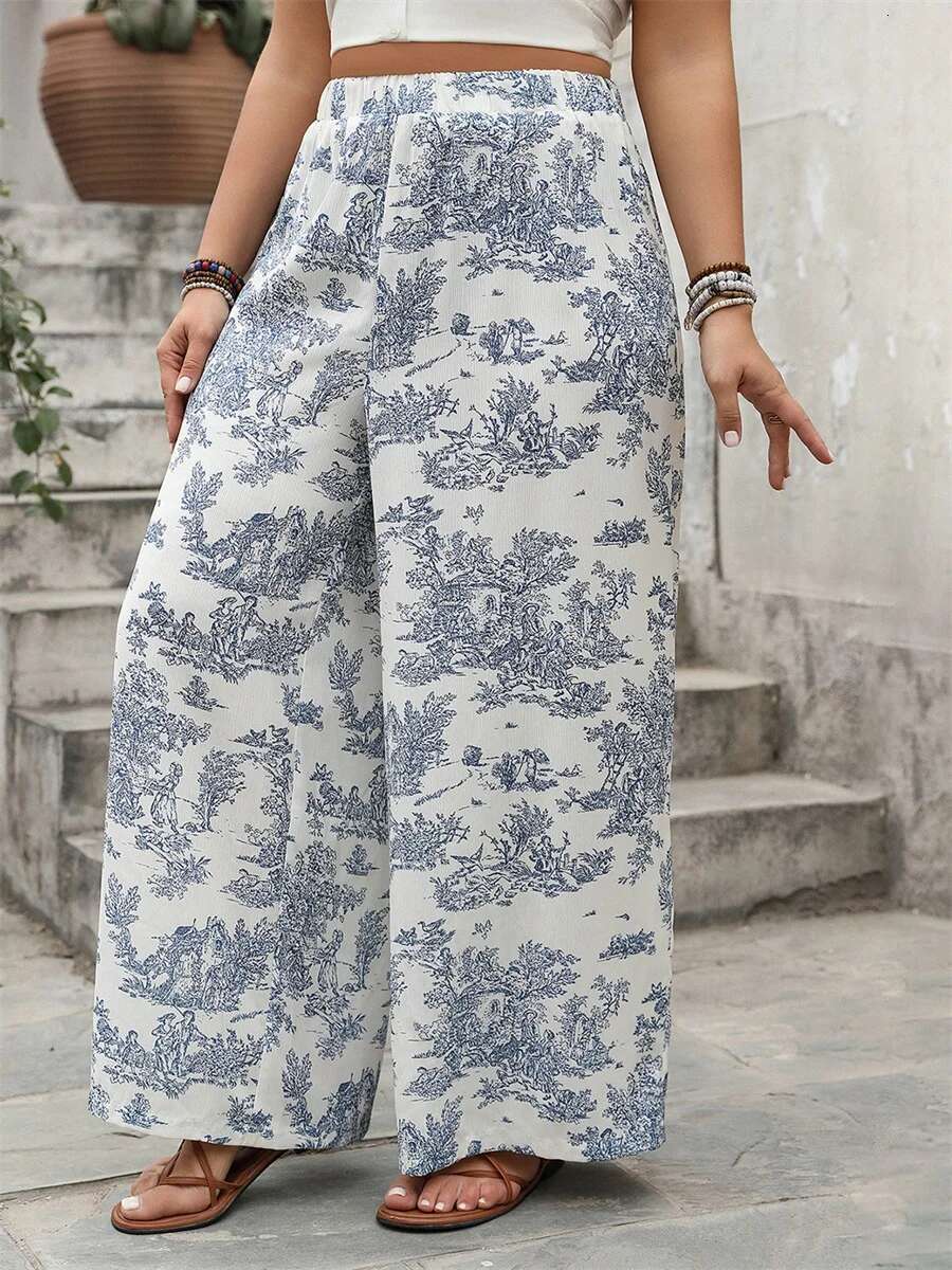 Womens Boho Chic Palazzo Pants with Vintage Paisley Print and Elastic Waistband for Casual Wear or Beach Vacation Outfits