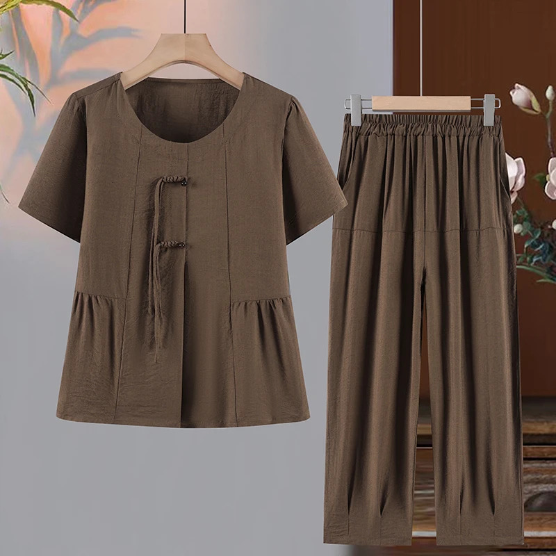 Two Piece Set Tshirtlong Pants Summer Suit 2024 Womens Plus Size Fashion Casual Short Sleeved Classic woven buckle Clothing 250603