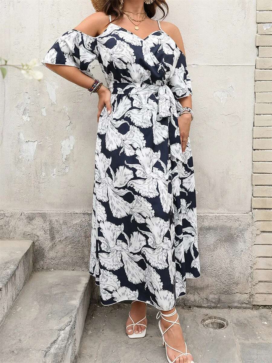 Women Plus Size Floral Print Maxi Dress with Ruffle Sleeves and v Neckline Elegant Belted Long Dress with High Side Split