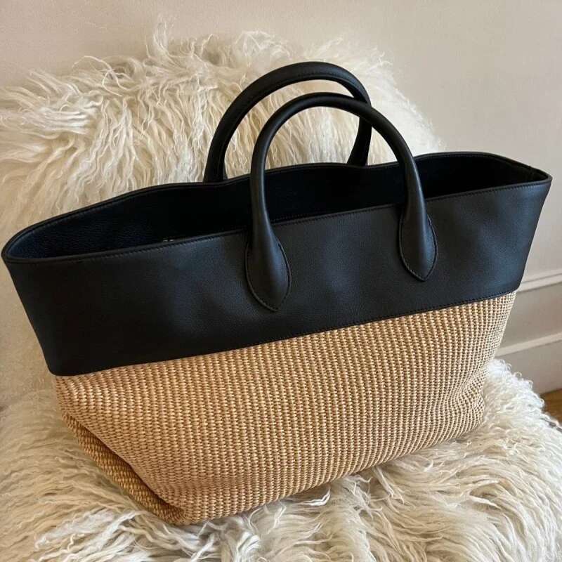Meet You New Summer Woven Beach Straw Pu Leather Splice Women's Large Capacity Tote Bag Seaside Holiday Vacation Handbag2025