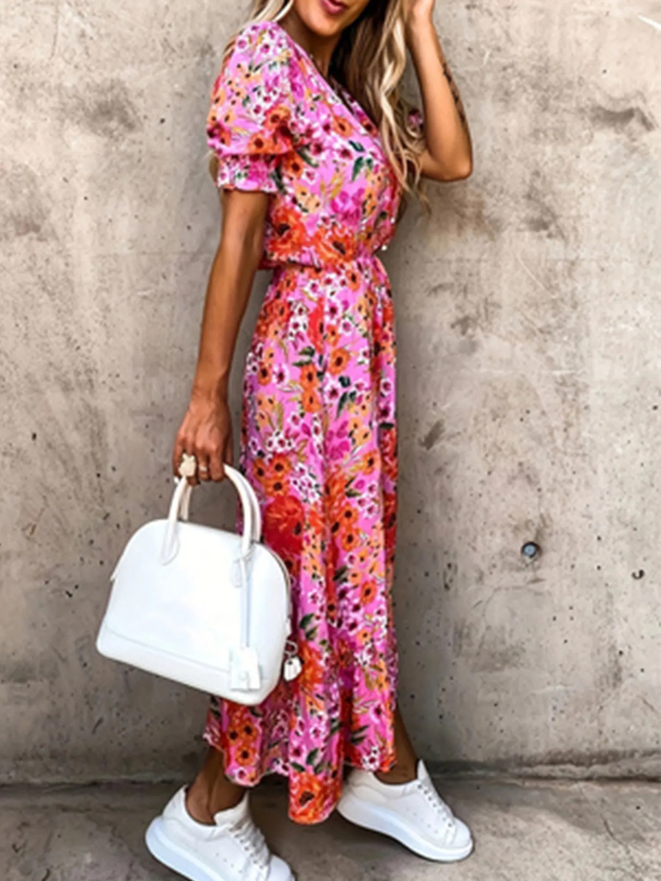 Plus Size Floral Print Slit Dress Casual Surplice Neck Short Sleeve For Spring Summer Womens 250526