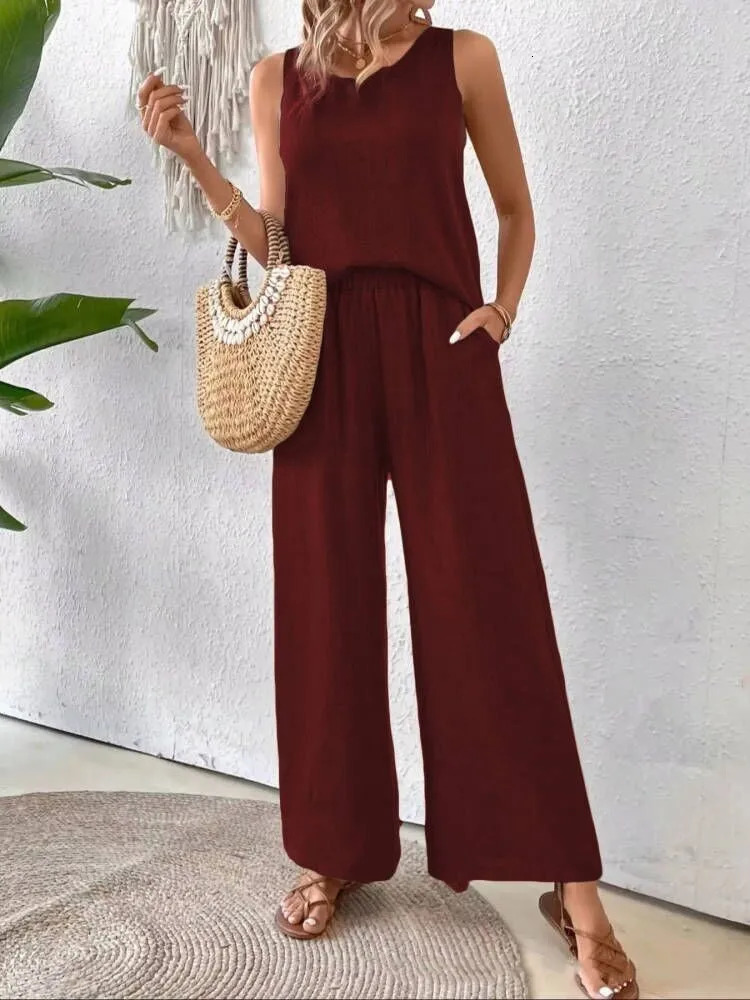 Hollow Out 2 Piece Sets Women Lace Sleeveless Top Wide Leg Pants Set Solid Color Matching Sets 2 Piece Sets Women 250605