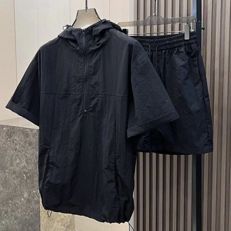 Summer Mens fashion hoodie and shorts 2-piece set loose thin and lightweight workwear outdoor casual sports youth suit 250603