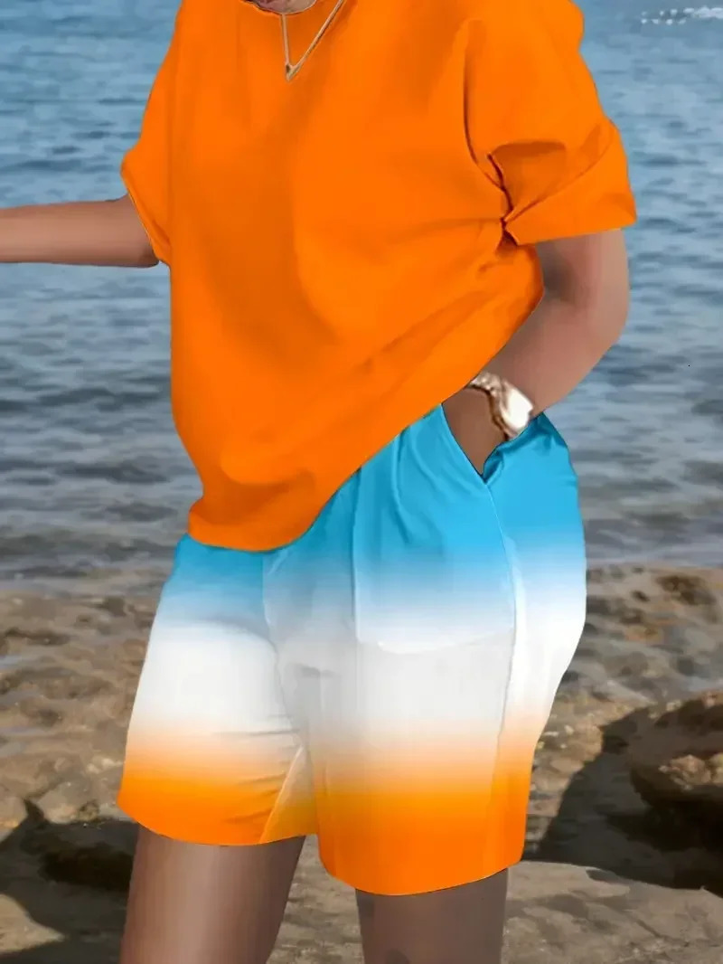 Plus Size 1XL5XL Women Summer Colorful Tie Dye Print Set Casual Short Sleeve Round Neck TShirt Shorts Loungewear 250603