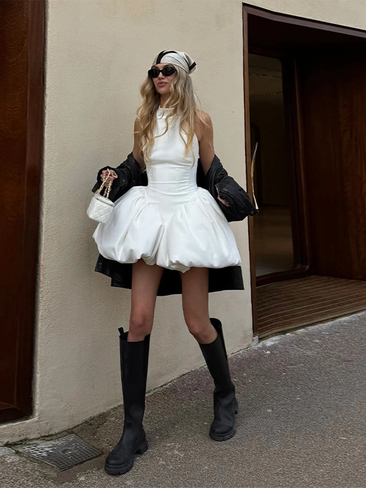 2025 Sexy Bubble Hem Mini Dresses Lady Elegant Backless Sleeveless Party Wear Womens Solid Neck Cinched Waist Summer Vestidos 250605