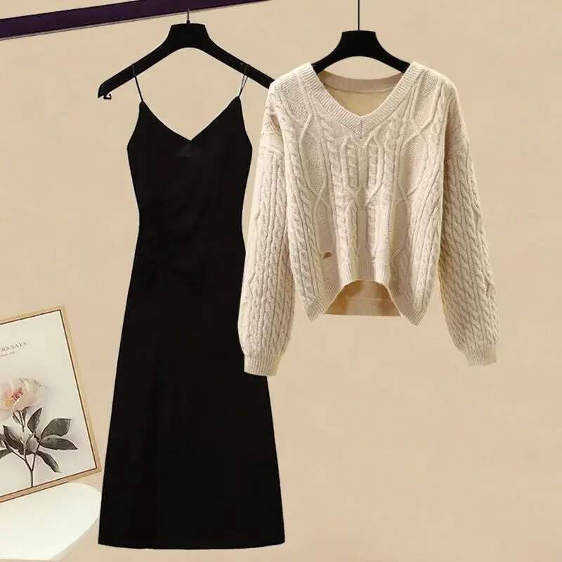 Autumn Winter Knitted Dress Set for Women with Hole Design Camisole Inner Wear Casual Japanese Style Fashion Half Skirt Suit