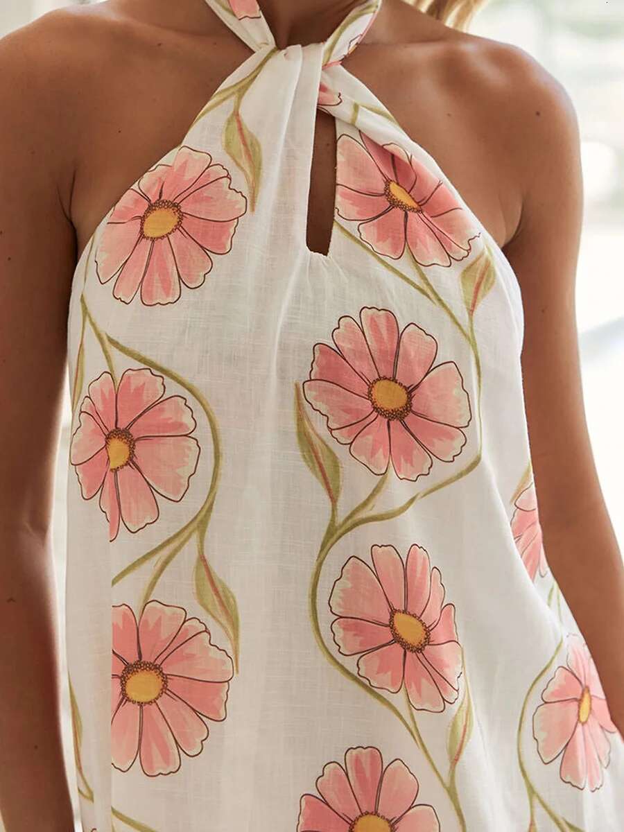 Floral Print Halter Neck Dress with Open Back and Tie-up Detail Sleeveless Boho Style Mini Dress for Casual Summer Outfits