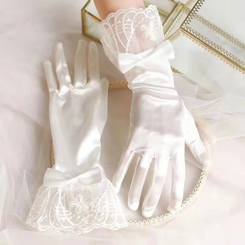 Off-White Satin Lace Wedding Gloves for Bride Fancy Bridal Accessories Formal Party Fingertip Wedding Gloves 250603