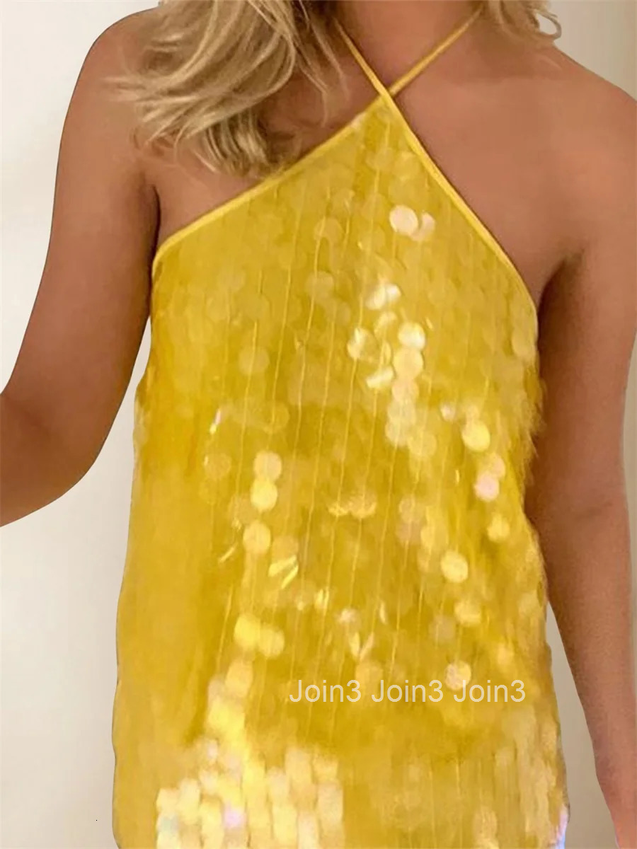 Sequin Embellished Tie-up Halter Neck Tank Top for Womensleeveless Summer Vest with Casual Streetwear Vibe