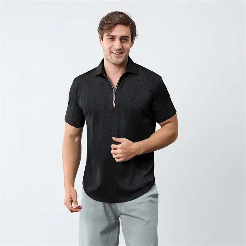 Mens Short Sleeve Jacquard Turn Down Collar Zipper Casual Tops - Stylish Fit Shirts for Summer Fashion