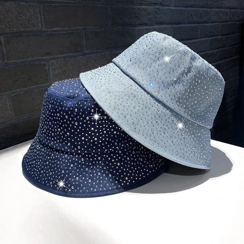 Denim Fisherman Hat Womens Korean ErSion VSpring And Autumn Sun Protection Hat Rhinestone Fashion Trend Bucket Cap 250605