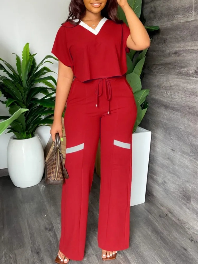 Elegant Womens Casual Short Sleeve T-shirt Sports Suit Summer Fashion Solid V Neck Short Top Straight Pants Two Piece Sets 250605