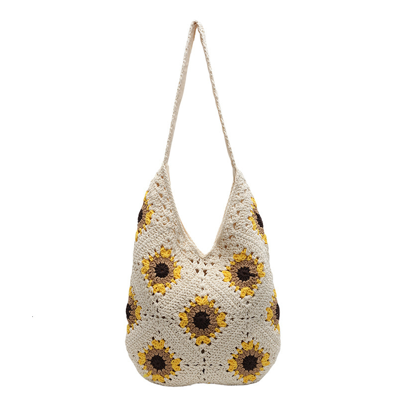 designer Large Capacity Woven Bag 2025 New Hook Flower Shoulder Bag Forest Style Hollow Cotton Beach Bag Vacation Tote Bag
