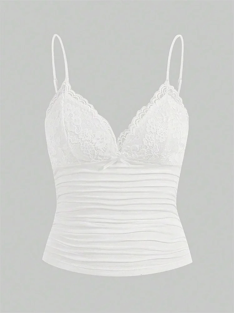 Sexy Contrast Lace Bow Front Crop Cami Top Women 2025 Summer Grunge Punk Y2K Clothes Ruched Skinny Backless Tee Shirt 250527