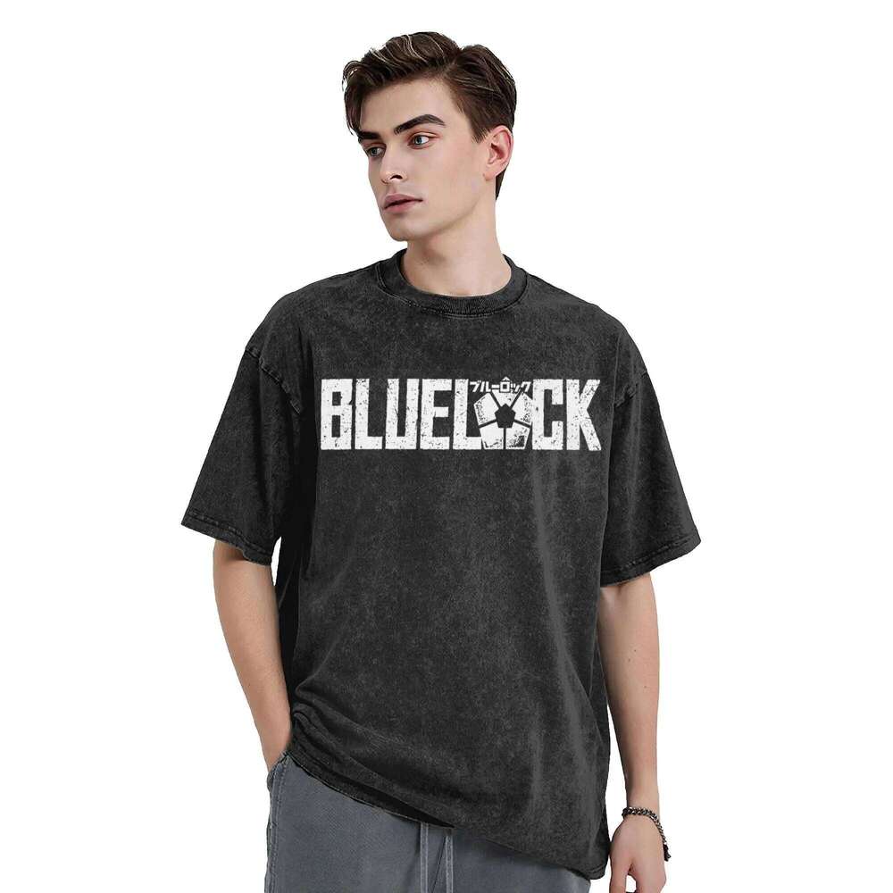 Blue Lock Washed T Shirt Streetwear Hip Hop Vintage T-Shirts Tees Tops Men Women Short Sleeve High Street Graphic Printed