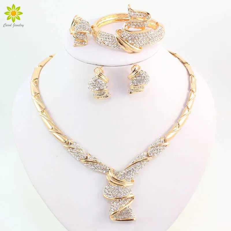 Wholesale Fashion Gold Color Alloy Rhinestone Wedding Jewelry Sets Necklace Ring Earrings For Women Bridal Z250607