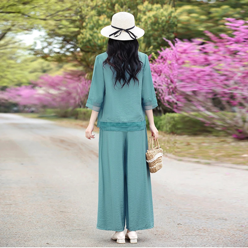 Womens Cotton and Hemp Set Plus Size Summer Half Sleeve Top Retro Print 2024 Multi Color Wear 250603